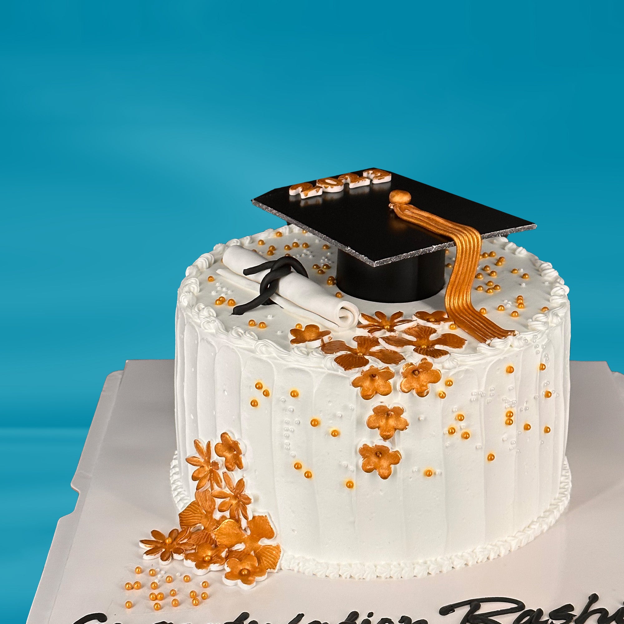 Golden blossom white graduation cake