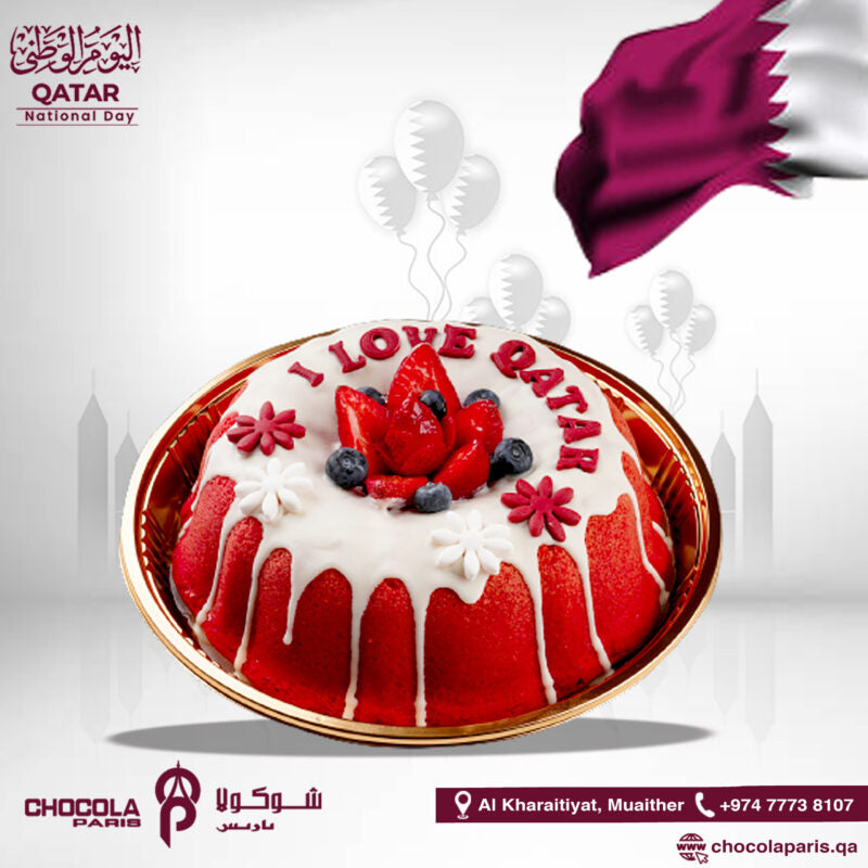 Strawberry topped Qatar National Day theme cake in Qatar