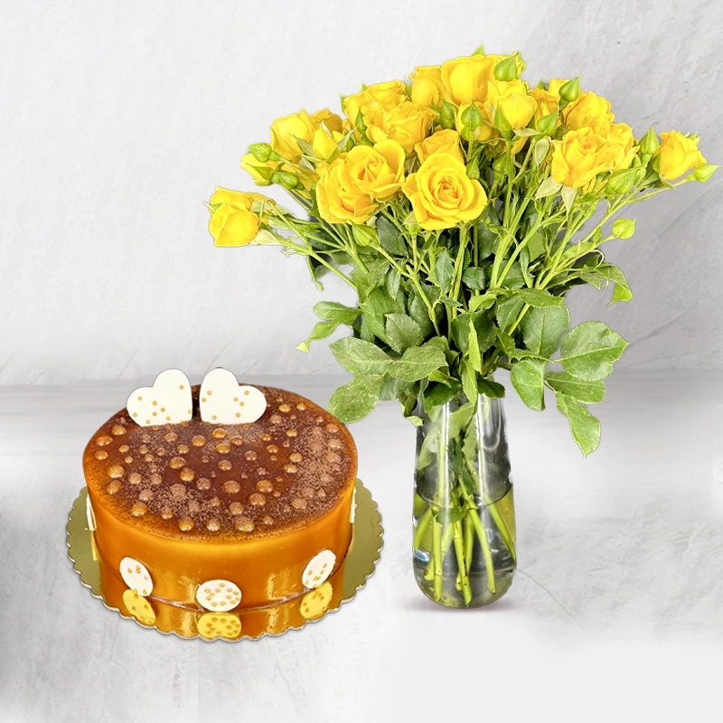 Creamy Cake With Yellow Rose Combo