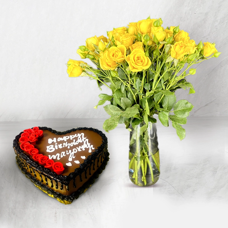 Heart Shaped Chocolate Cake with Yellow Roses