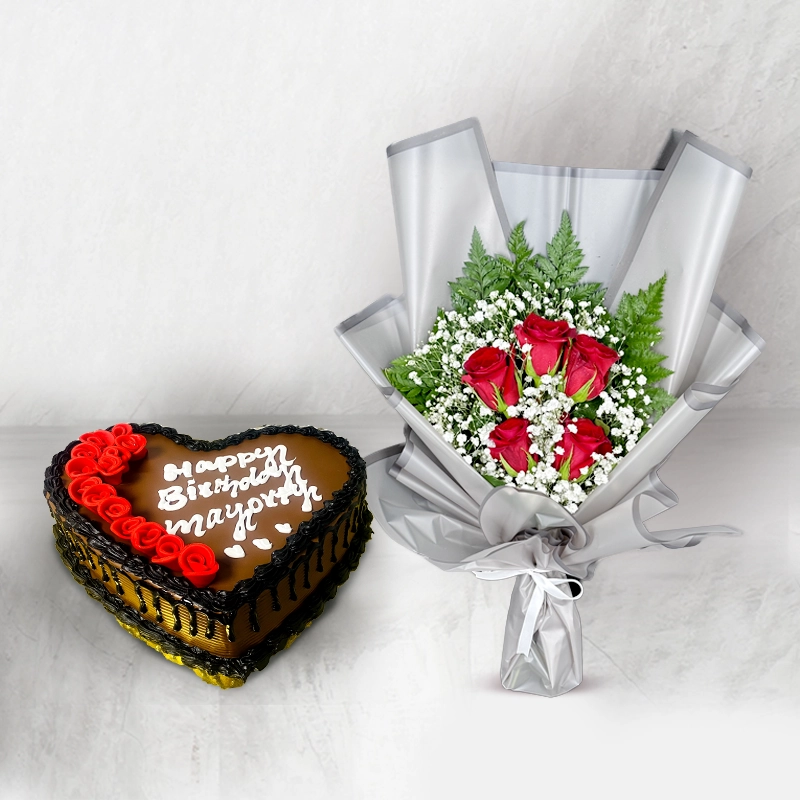 Heart Shaped Chocolate Cake With Red Bouquet