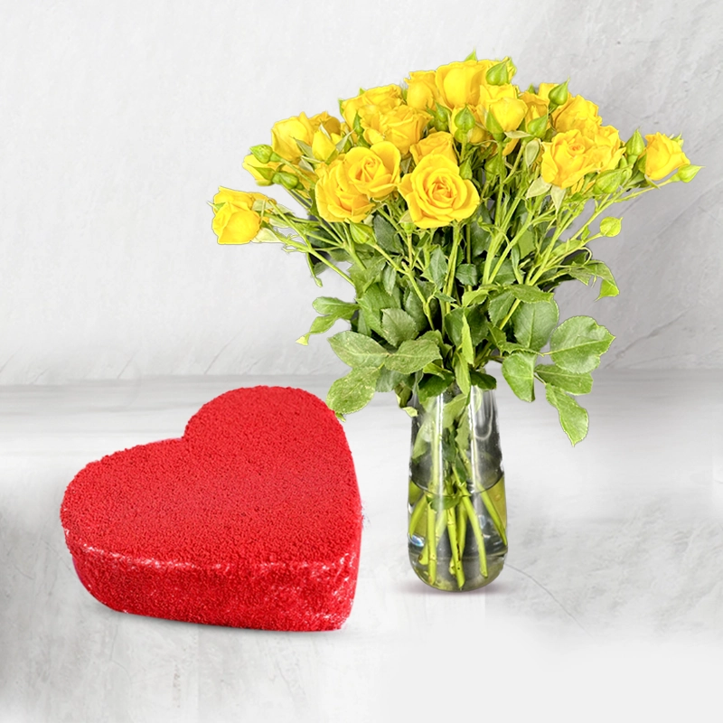 Red Velvet Heart Shaped Cake With Yellow Roses