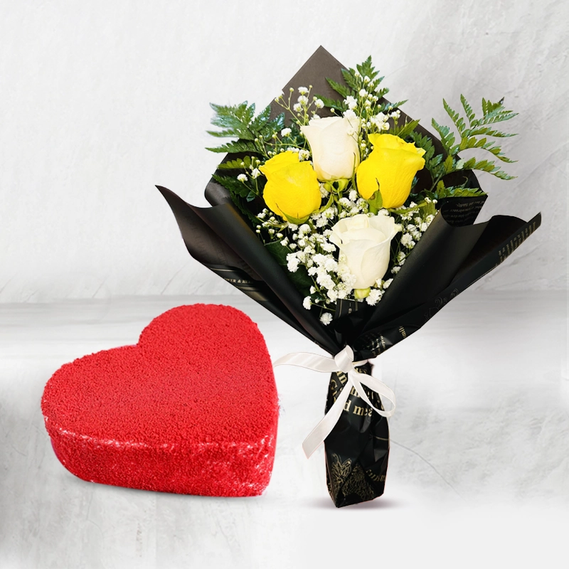 Red Velvet Heart Shape Cake with Colorful Rose Bouquet