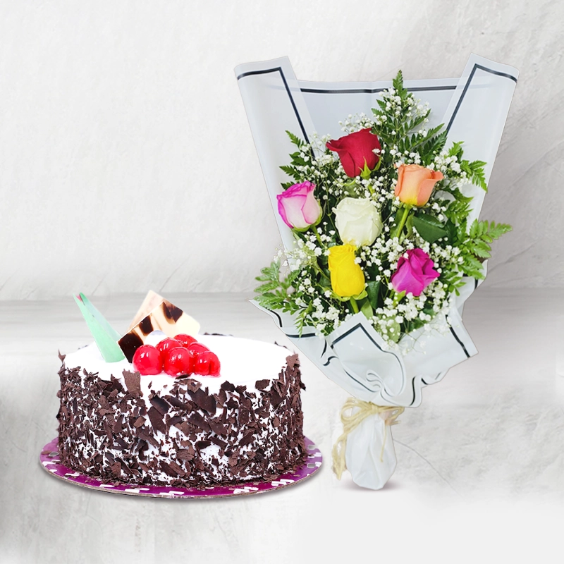 Cherry topped Cake with Flower Bouquet