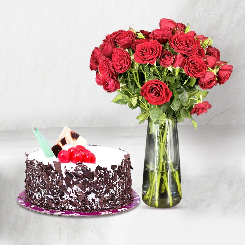 Cherry Topped Cake With Red Rose Arrangement