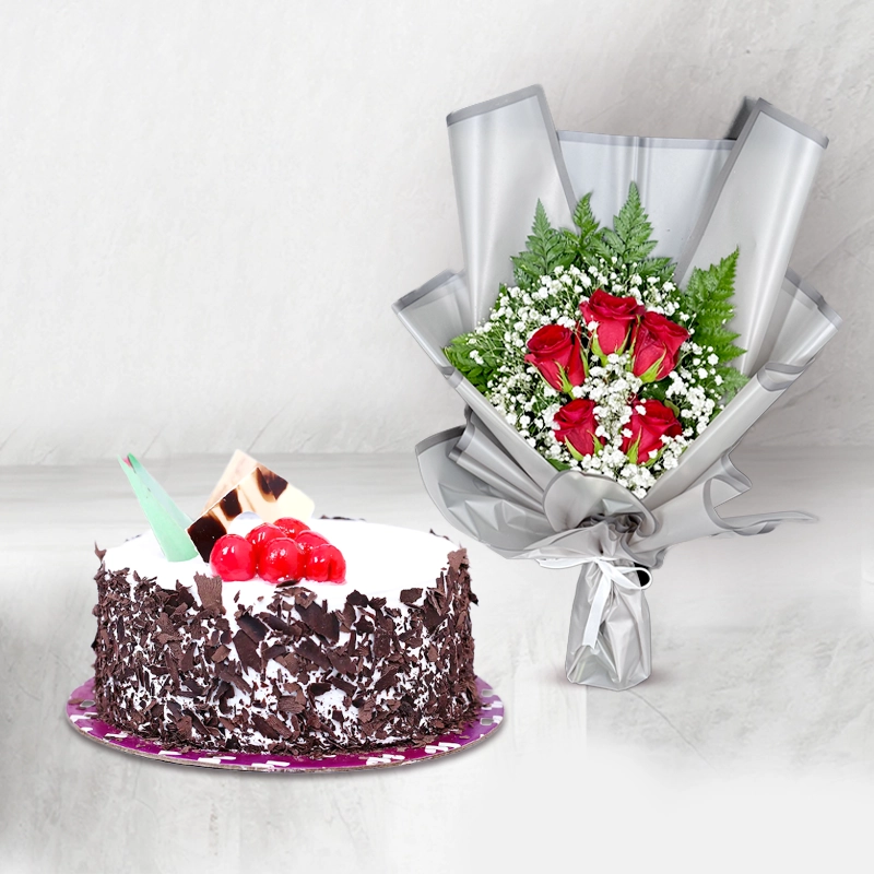 Cherry Loaded Cake With Red Rose Bouquet