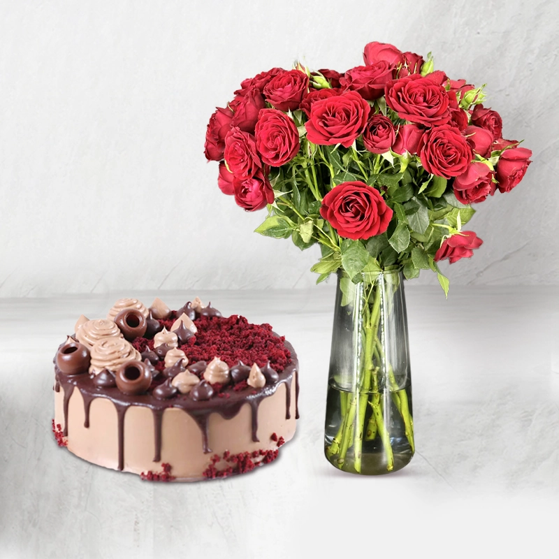 ChocoDrip Cake With Red Roses Combo