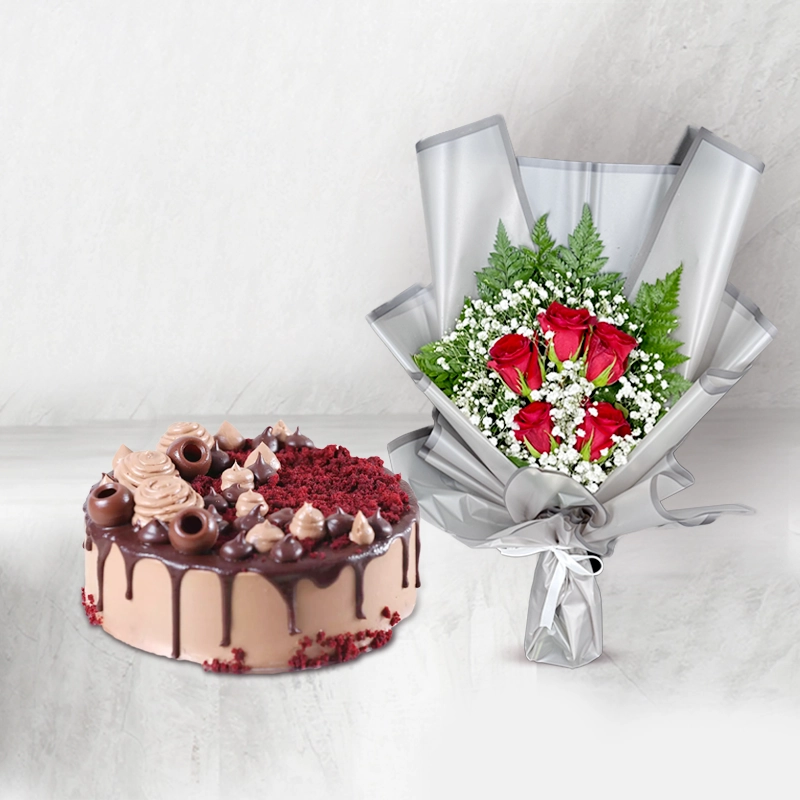 ChocoDrip Cake With Red Roses Bouquet