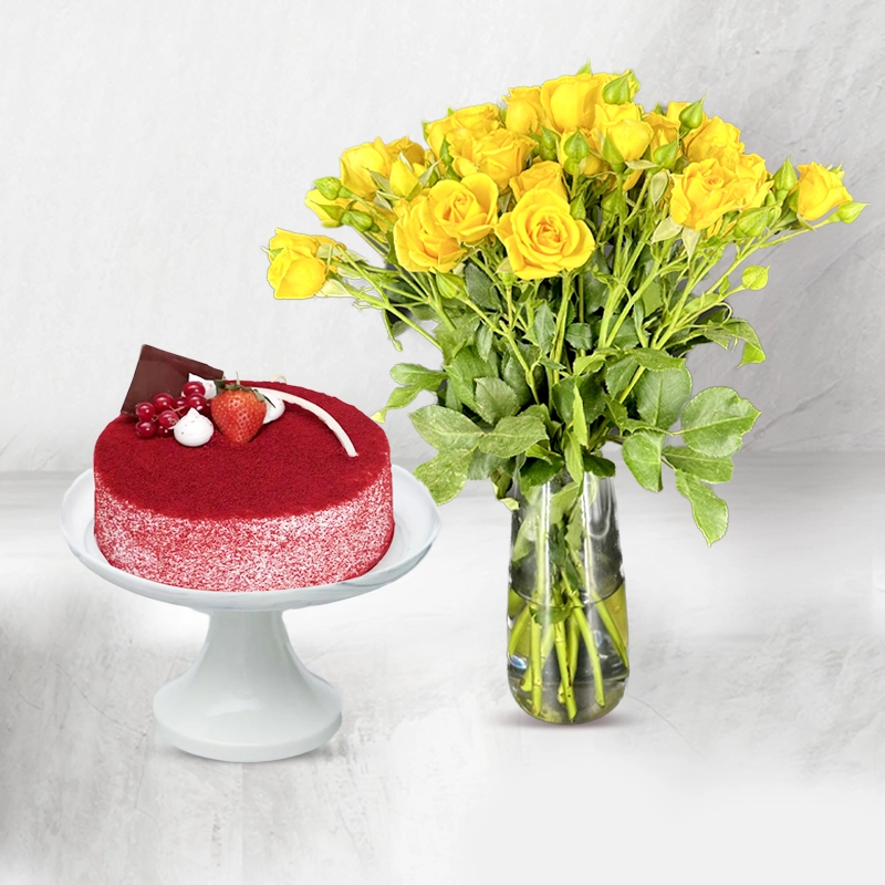 Red Velvet Cake with Yellow Roses Combo