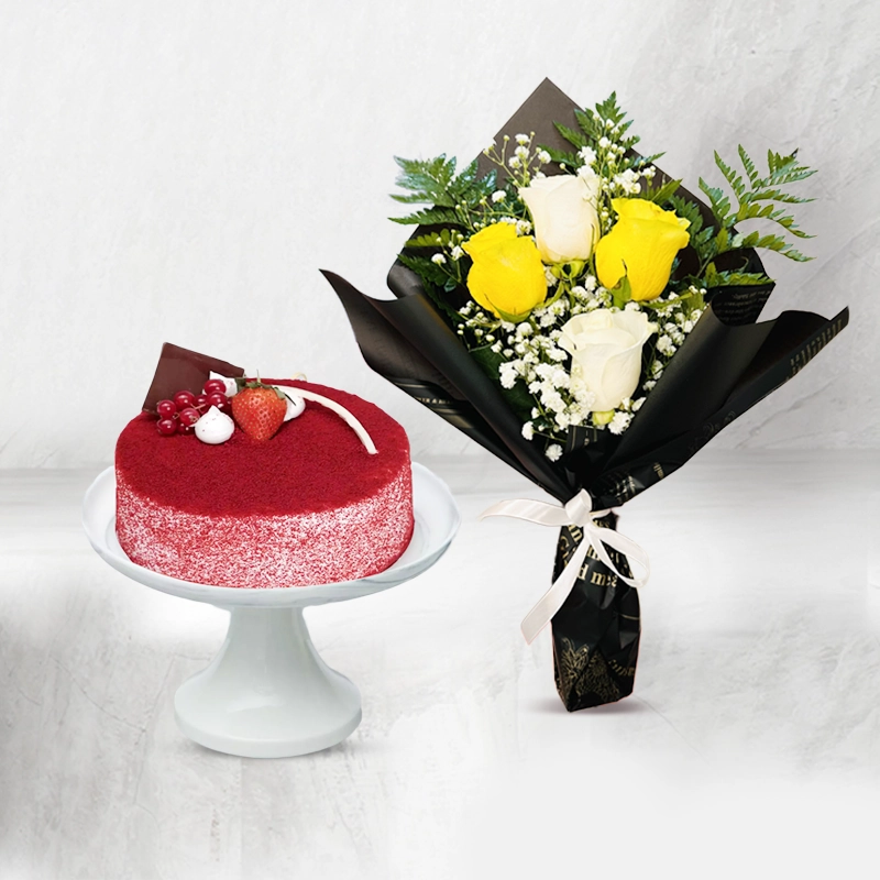 Red Velvet Cake with Colorful  Flowers Combo