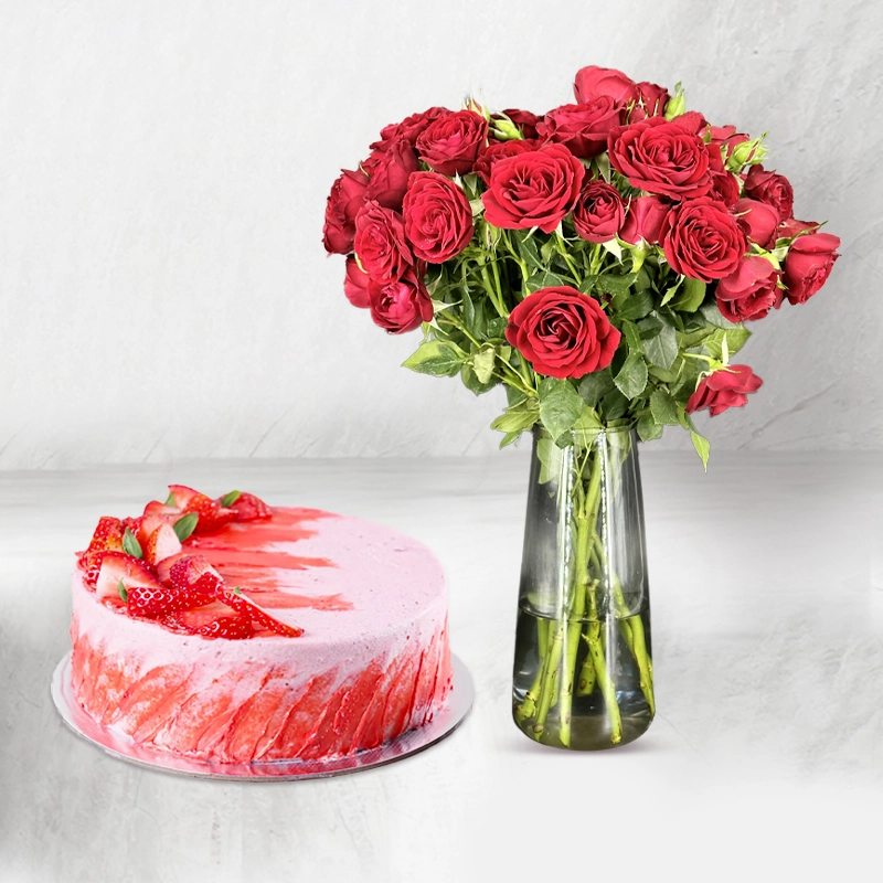 Strawberry Cake with Red Rose Bouquet