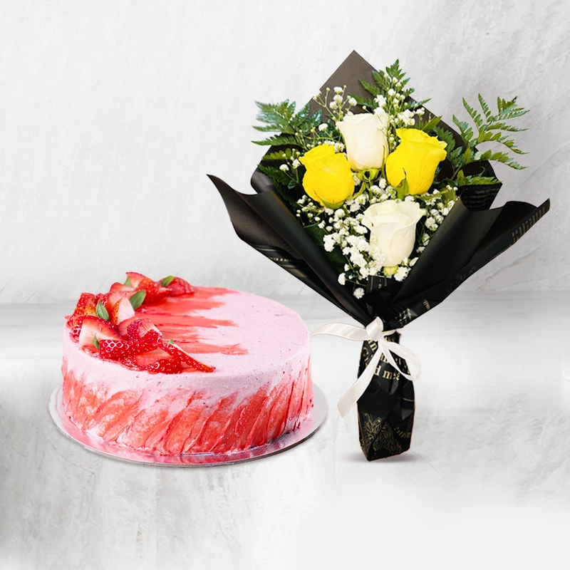 Strawberry Cake with Colourful Rose Bouquet