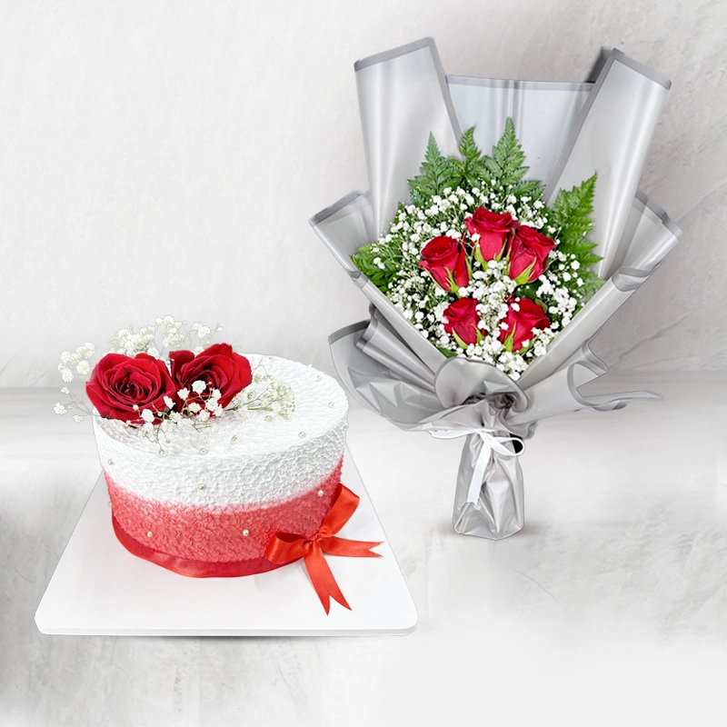 Lovely Cake With Red Rose Bouquet