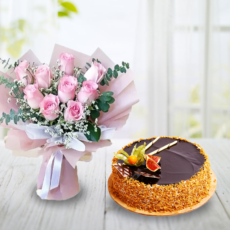 Chocolate Cake & Flower Bouquet in Qatar