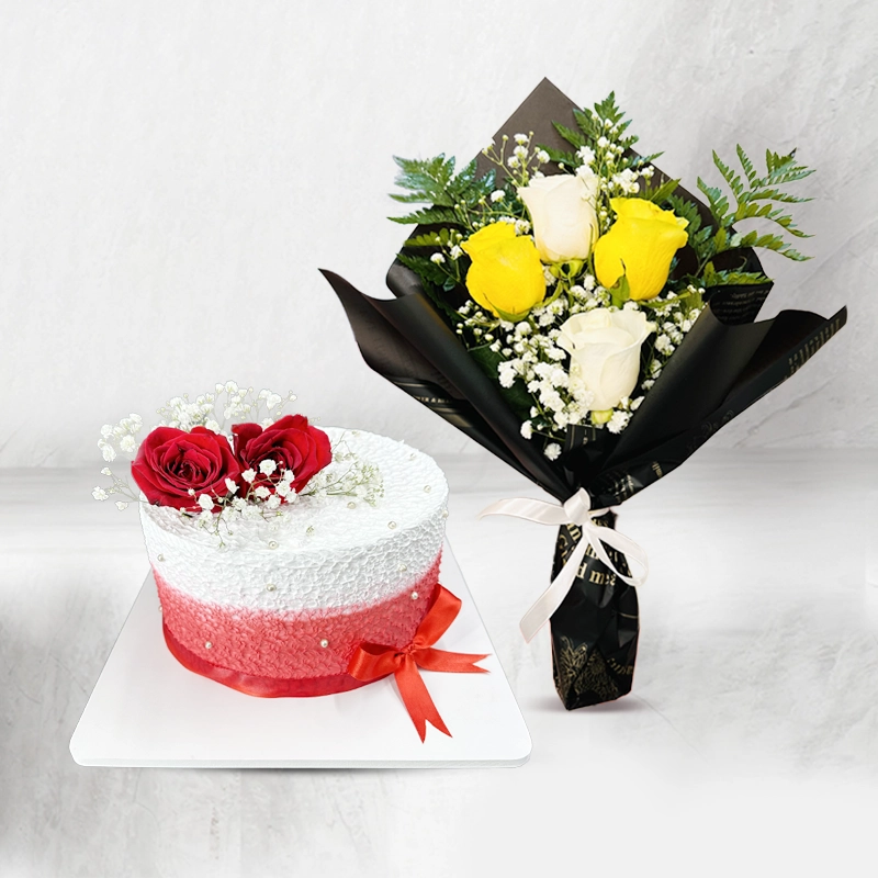 Lovely Cake with Colorful Flower Bouquet