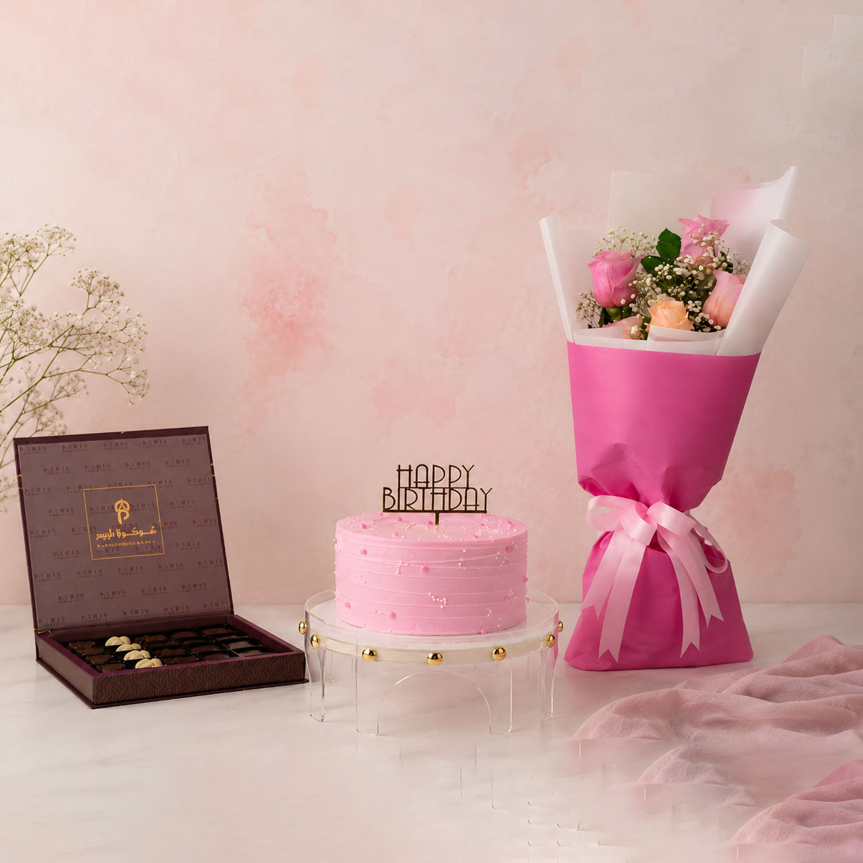 Pink Birthday Cake & Flower Gift Combo