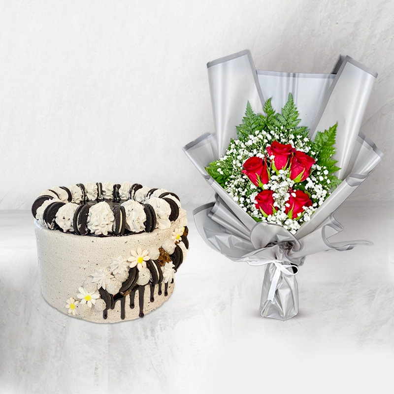 Oreo Cake With Red Roses Bouquet