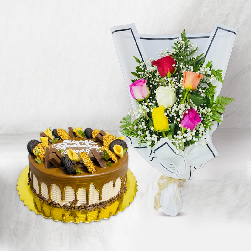 Chocolate Cake With Colourful Flowers Bouquet