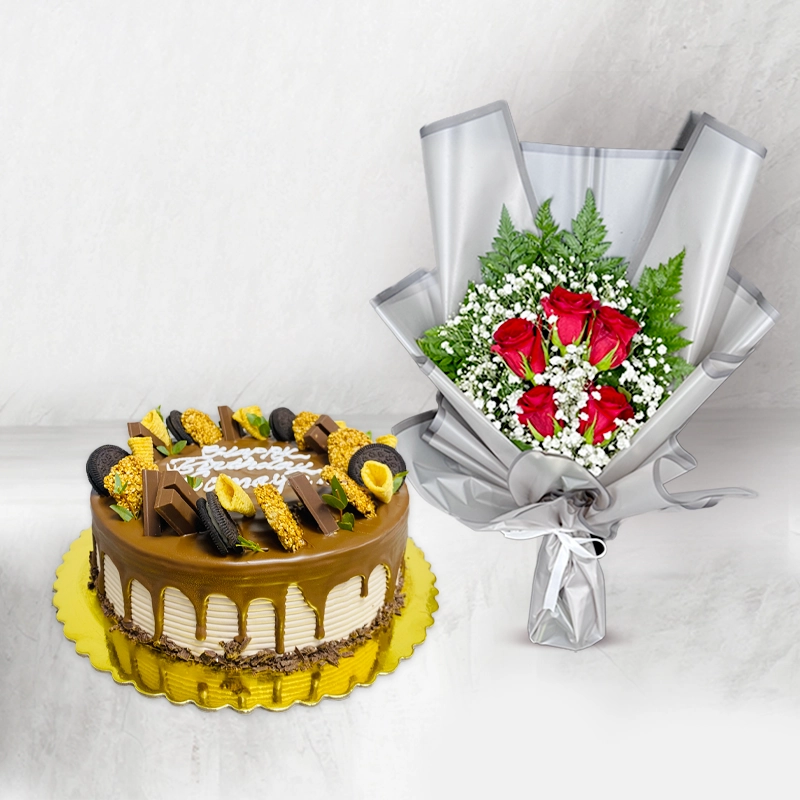 Chocolate Cake With Red Rose Bouquet