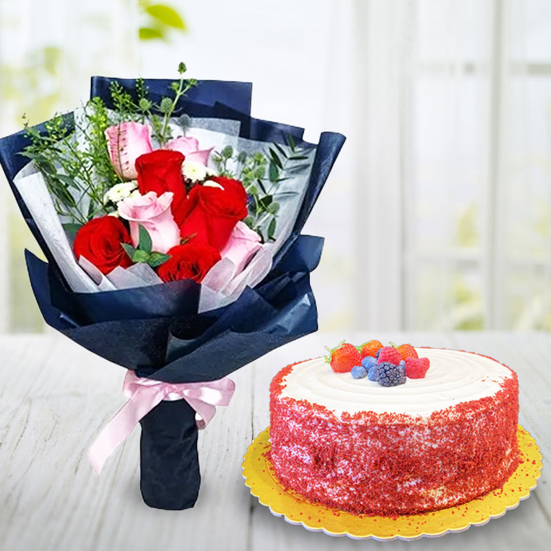 Red Velvet Cake & Flower Bouquet in Qatar