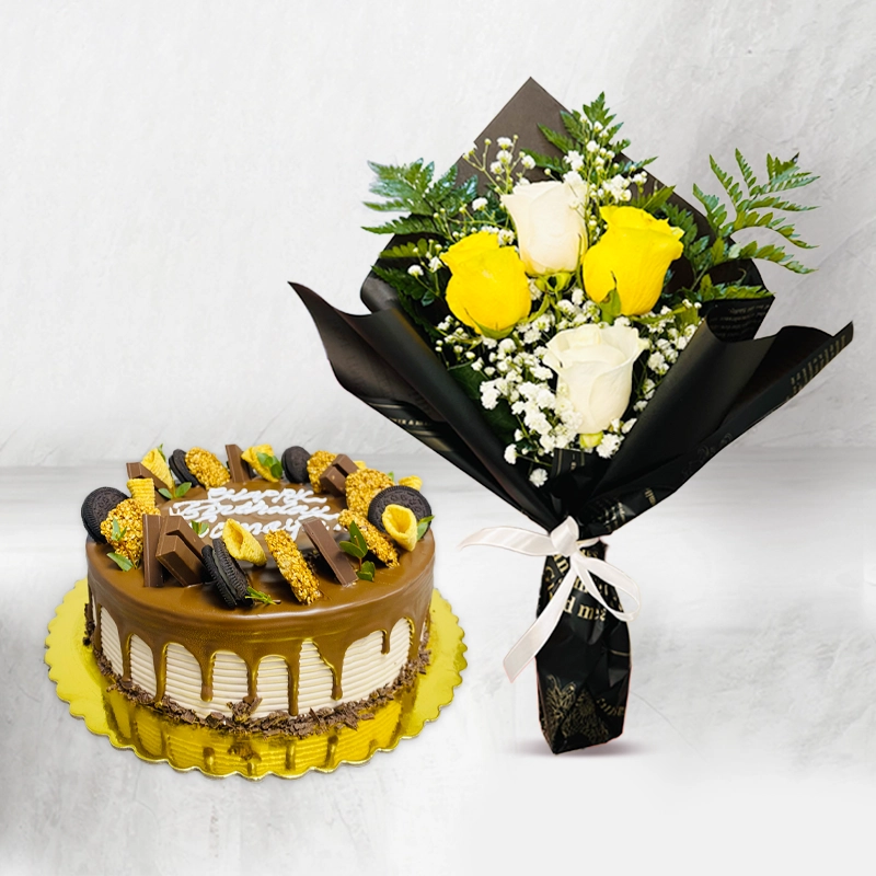 Chocolate Cake with Colourful Rose Bouquet.