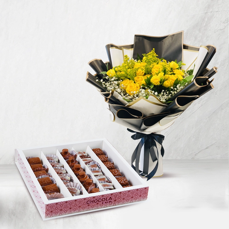 Chocolate Box with Yellow Rose Bouquet