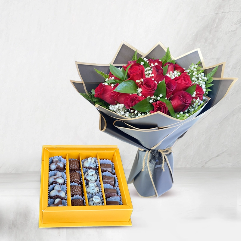 Chocolate Sweet Box & Red Rose Bouquet