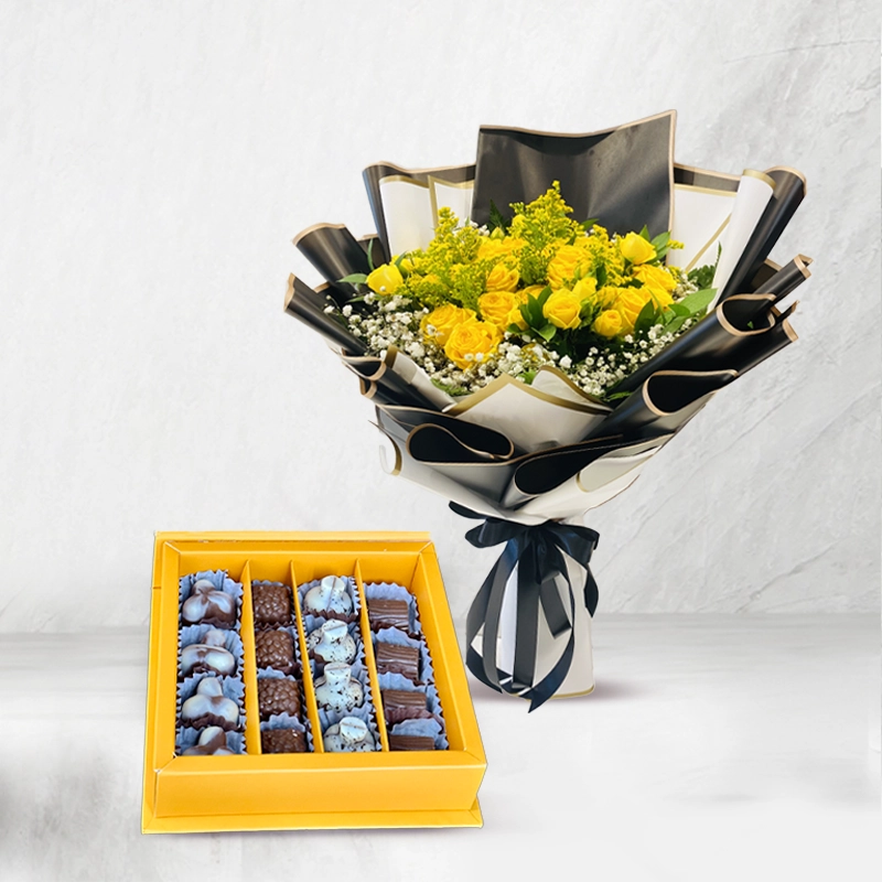 Chocolate Box With Yellow Rose Bouquet