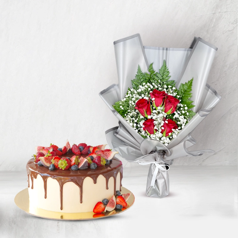 Choco-Fruit Cake With Rose Bouquet