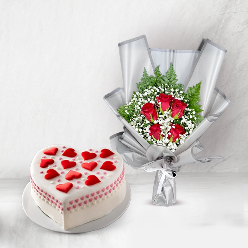 Heart Shaped Cake with Rose Bouquet