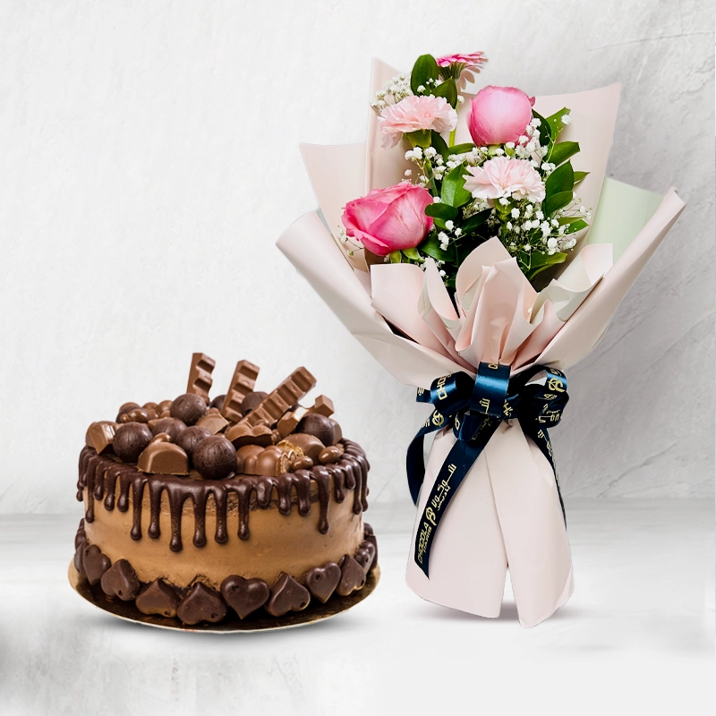 Chocolate Cake and Colorful flowers Bouquet