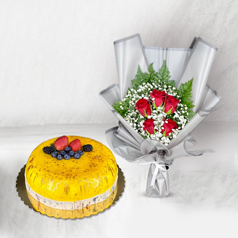 Fruity Cake and Red Rose Bouquet