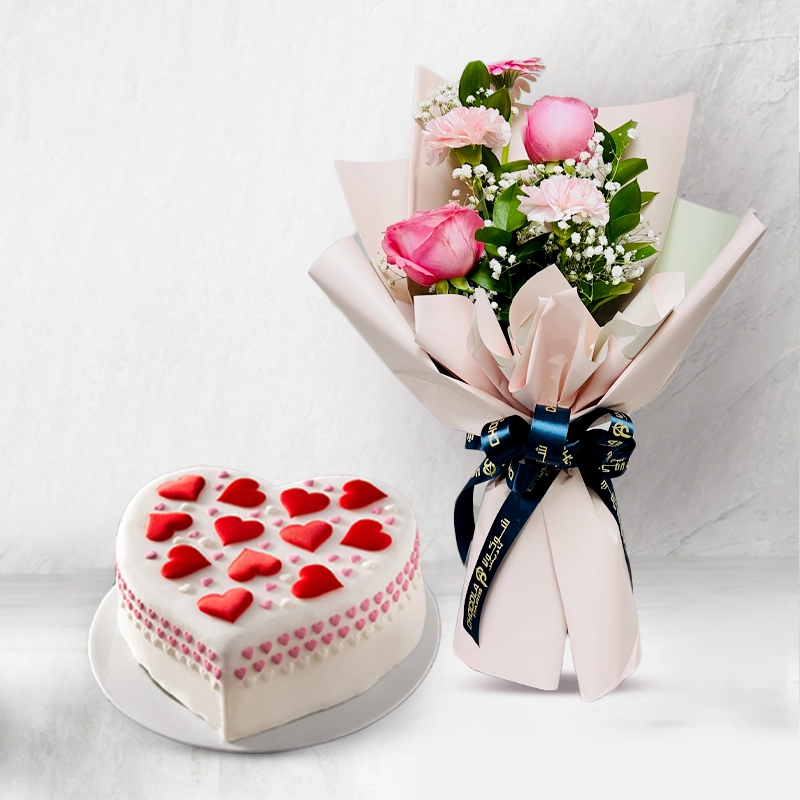 Heart Shape Cake With Colorful Bouquet