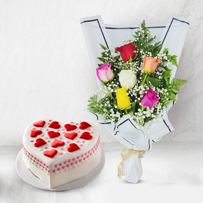 Heart Shaped White Cake With Bouquet