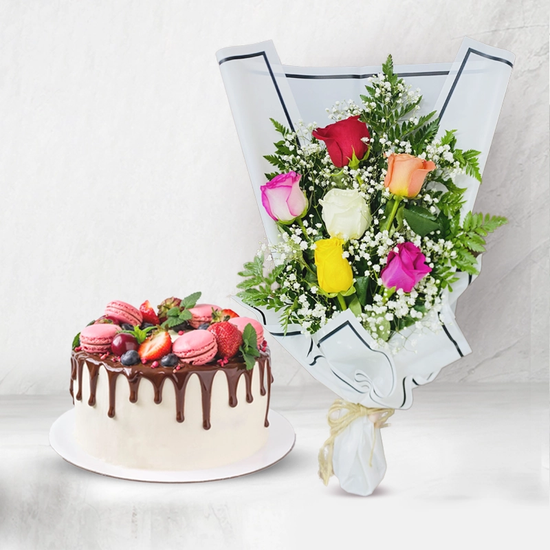 Macaron Topped Cake with Bouquet