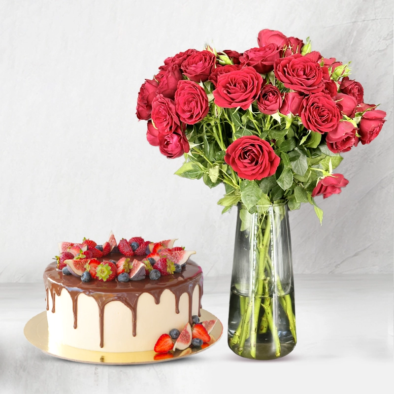 Choco-Fruit Cake & Red Roses Combo