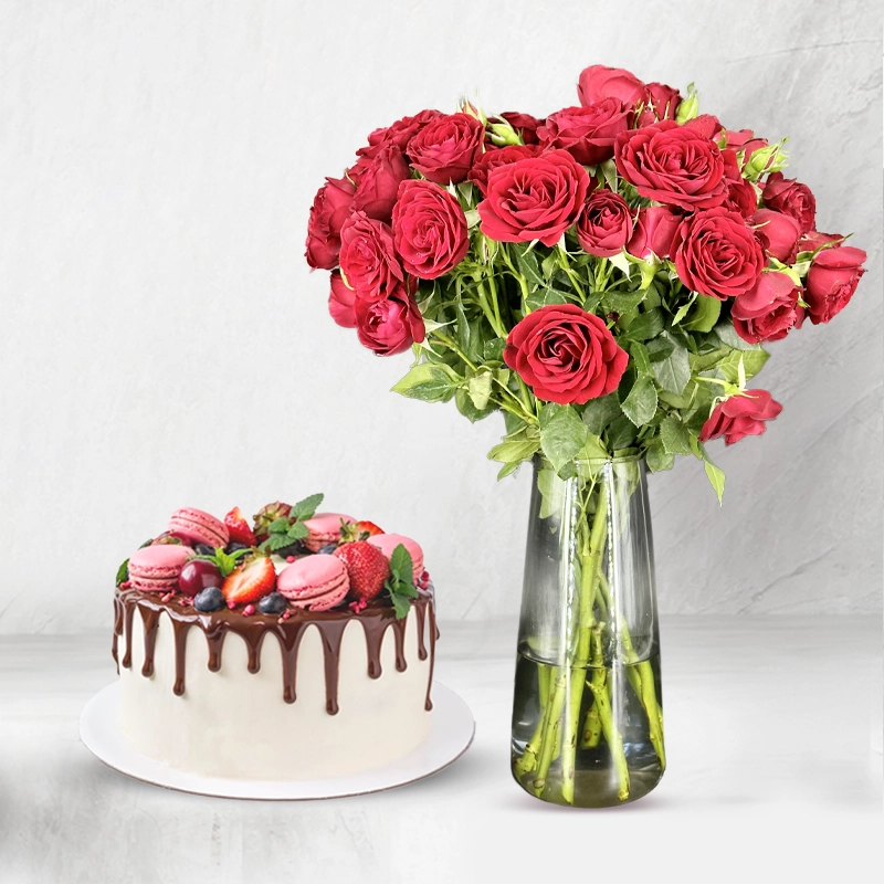 Macaron Loaded Cake with Red Roses Combo