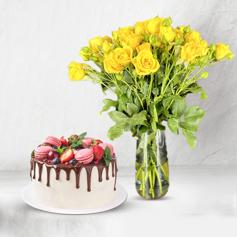 Macaron Cake & Yellow Roses Combo