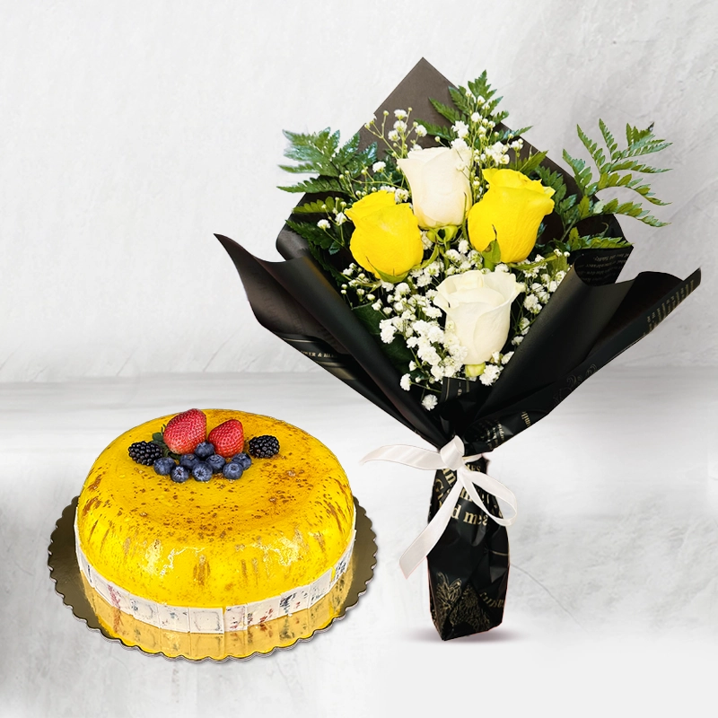 Fruity Cake With Colorful Rose Bouquet