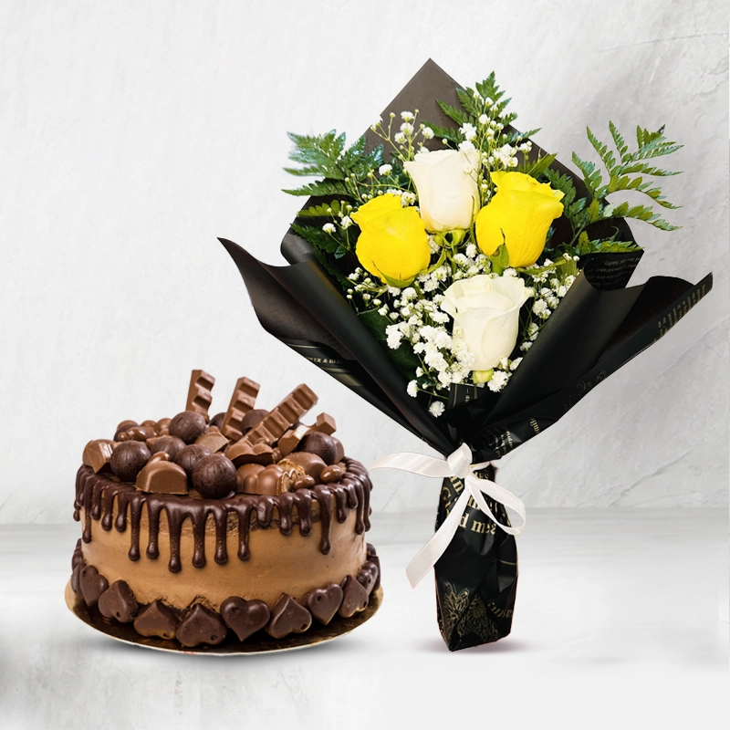 Chocolate Cake & Colorful Flower Bouquet