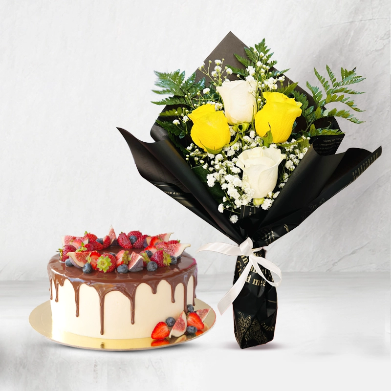 Lovely Cake & Colourful Flower Bouquet