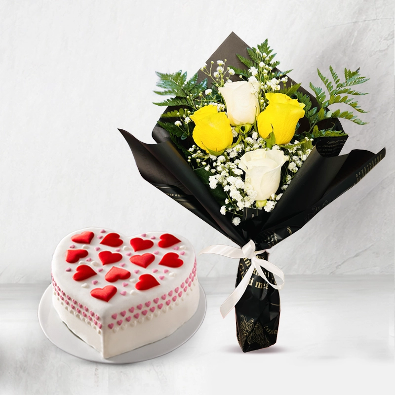 Heart Shaped White Cake & Flower Bouquet