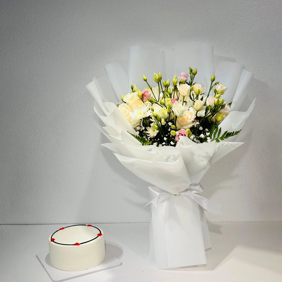 Graceful White Bouquet & Cake Combo