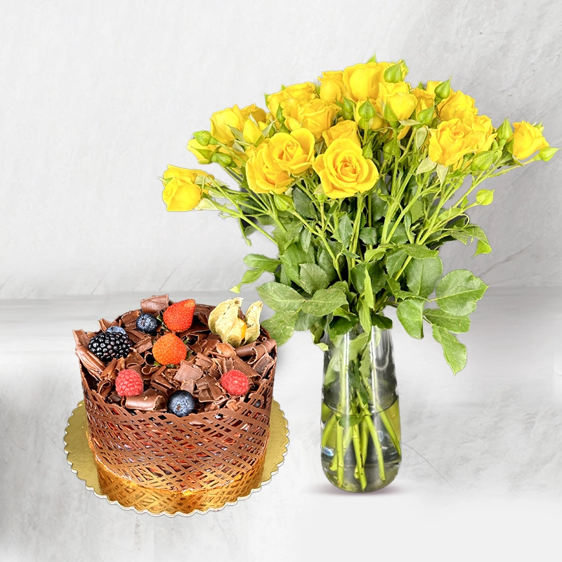 Fruits & Chocolate Cake With Yellow Roses Combo