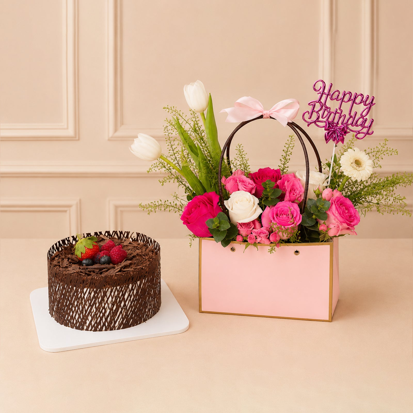 Delicious chocolate cake & pretty flower bag combo
