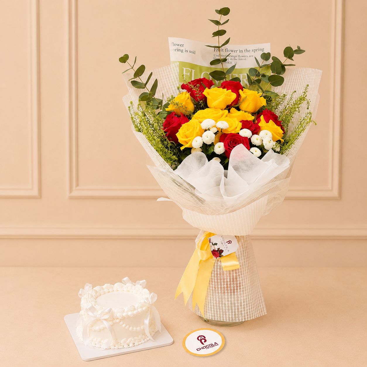 Colourful roses and white cake combo