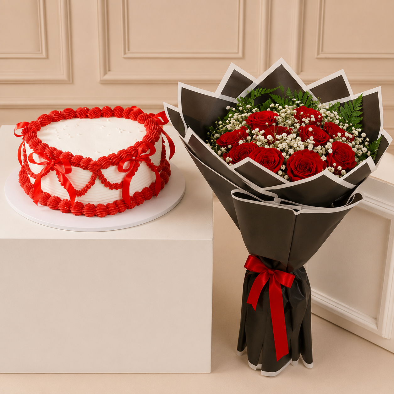 Vanilla Cake and Flower Bouquet