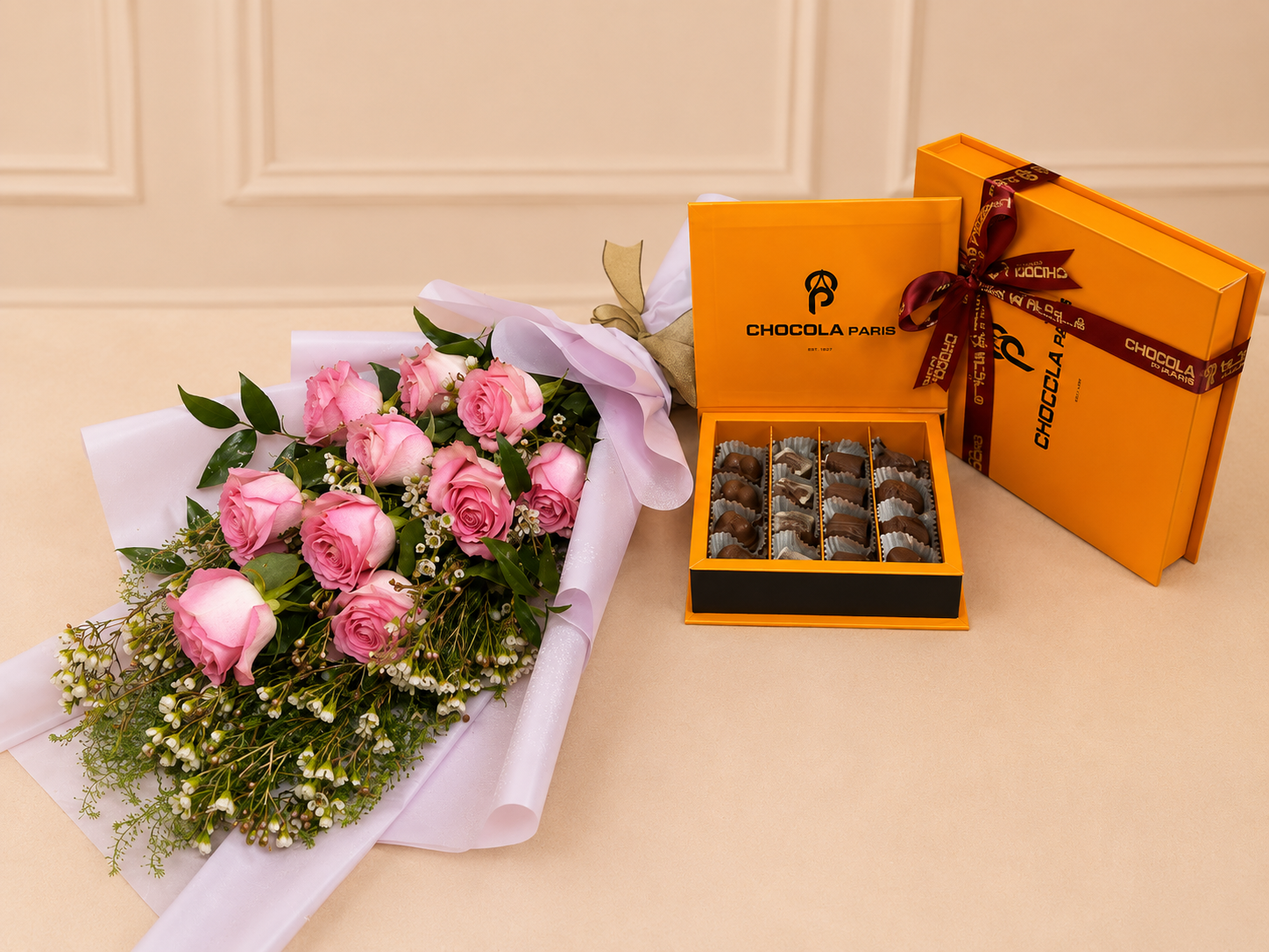 Pink Rose Bouquet & Premium Chocolate Box Combo