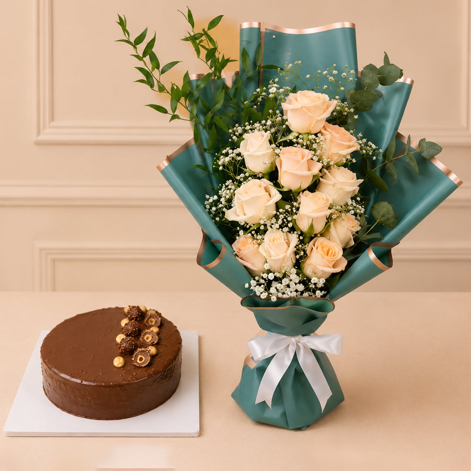 Beautiful flower bouquet & chocolate cake