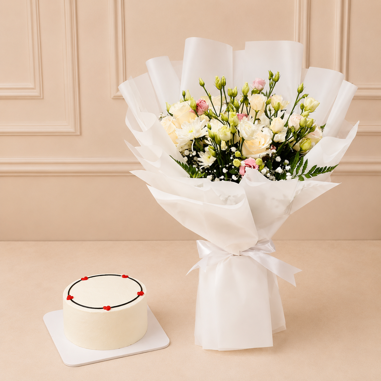 Graceful White Bouquet & Cake Combo